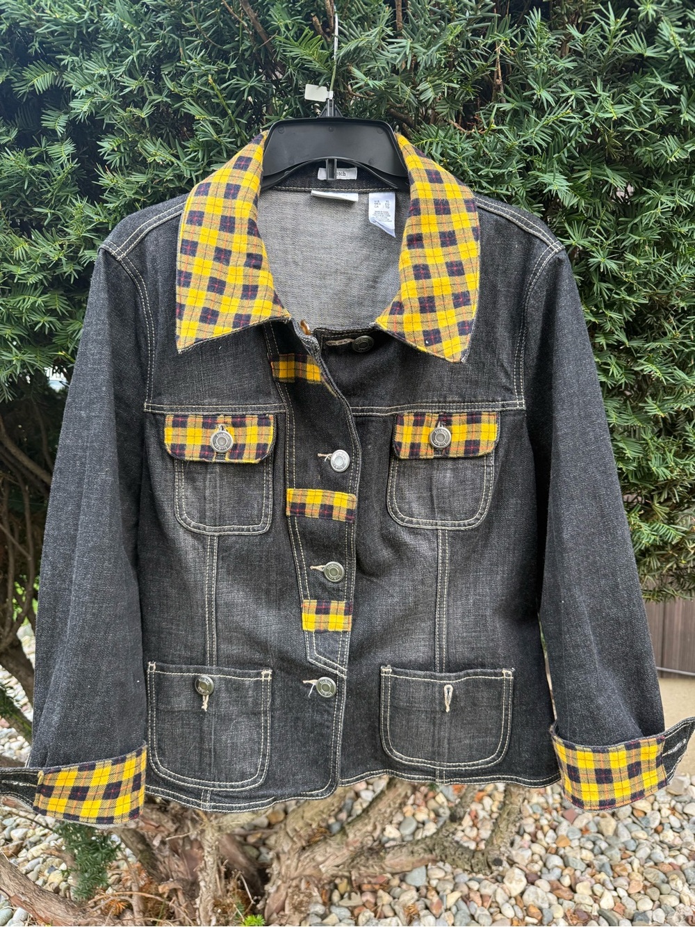 liz & co. Black Denim Jacket with Yellow Plaid Trim